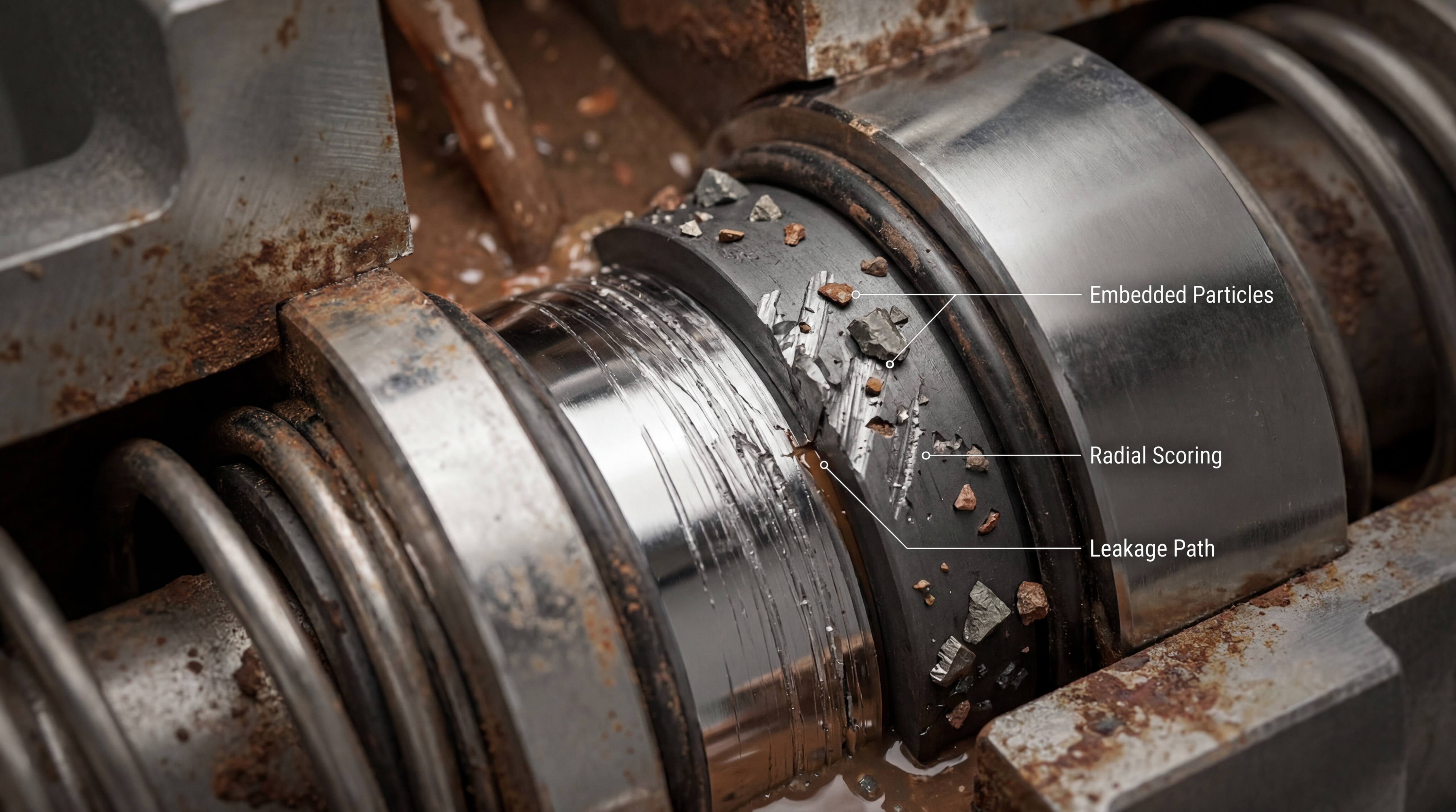 Abrasive particles embedded in a mechanical seal face causing radial scoring and leakage path formation